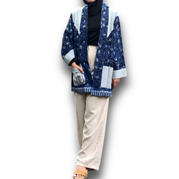 Zarming Outer wanita dan pria modern Batik mix Tenun biru abu2