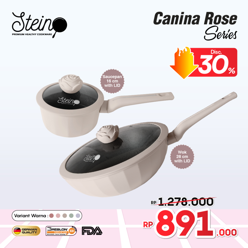 STEIN Canina Rose Set | 2 in 1 Panci Set | Wok 28cm + Saucepan 16cm Anti-Lengket