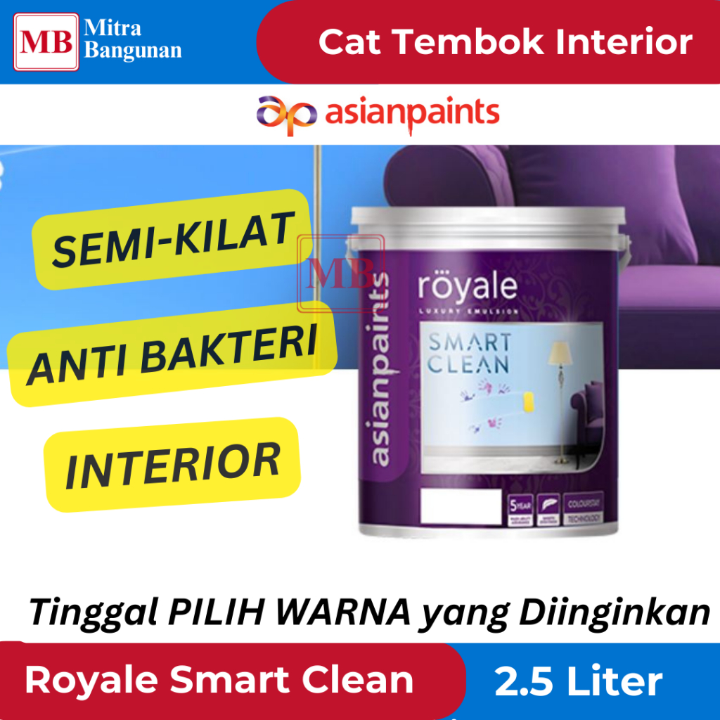 ASIAN PAINT CAT INTERIOR SEMI KILAT ANTI NODA PREMIUM ROYALE SMART CLEAN BISA DILAP 2.5 LITER