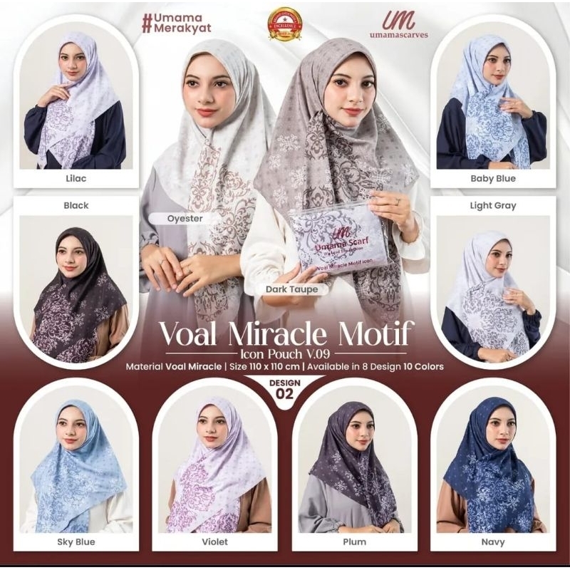 Paket isi 10 pics Random Jilbab Segi Empat motif Umama pouch voal miracle logo UM Swarovski