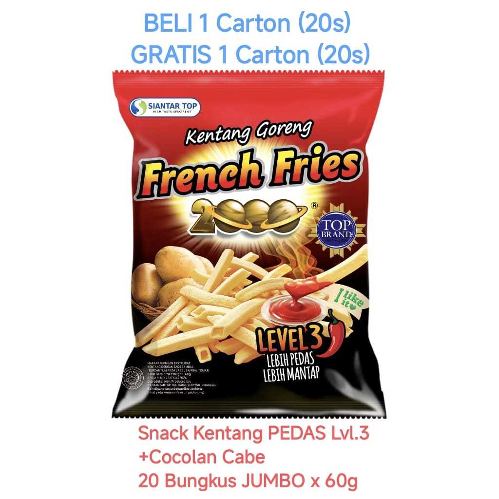 

( BELI 1 KARTON GRATIS 1 KARTON ) French Fries 2000 Kentang Goreng Hot Spicy 60g Level 3 GOJEK GRAB ONLY EXP. JUNI 2025