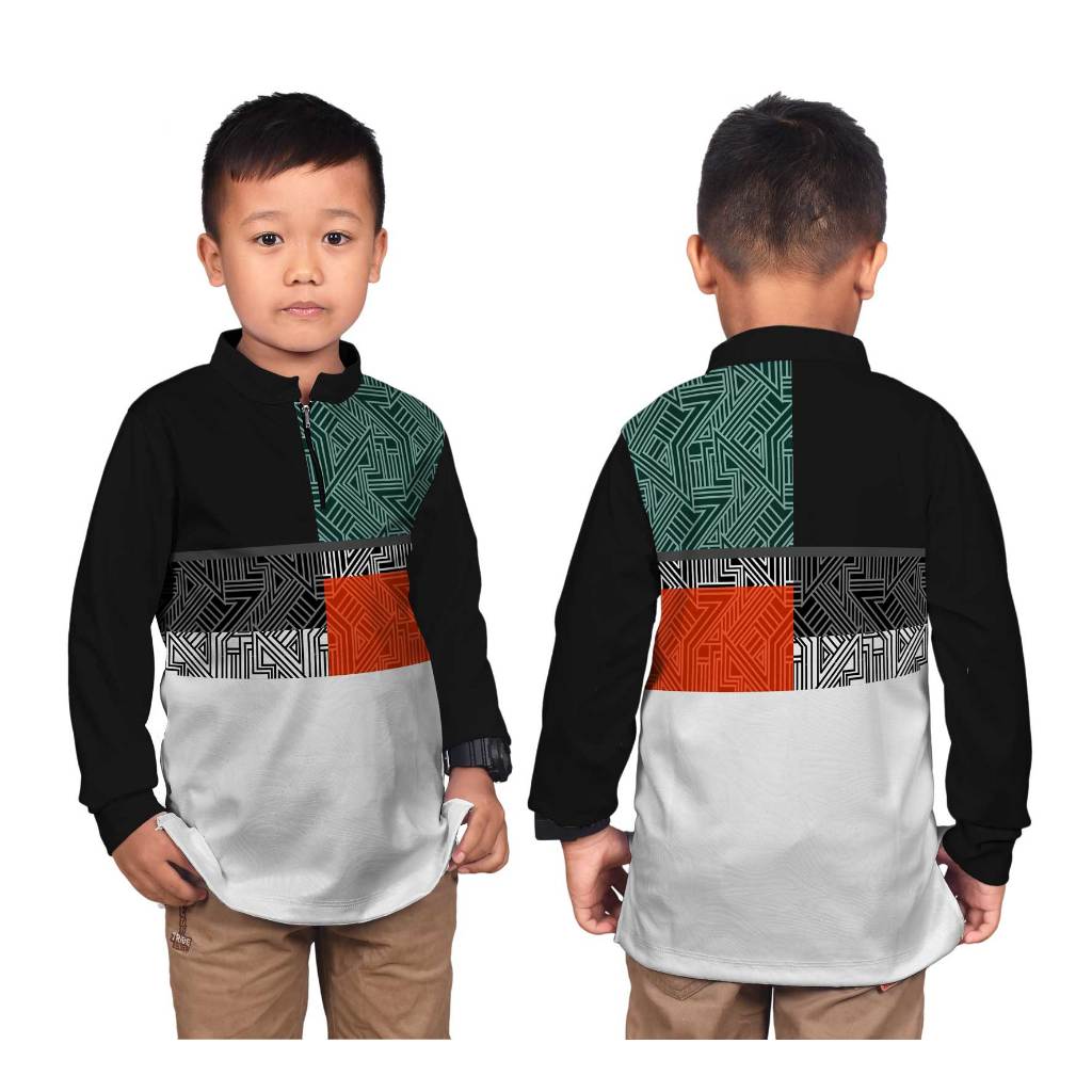 Baju Koko Anak Laki-Laki / Koko Anak Motif Kombinasi Garis-Garis Printing Premium