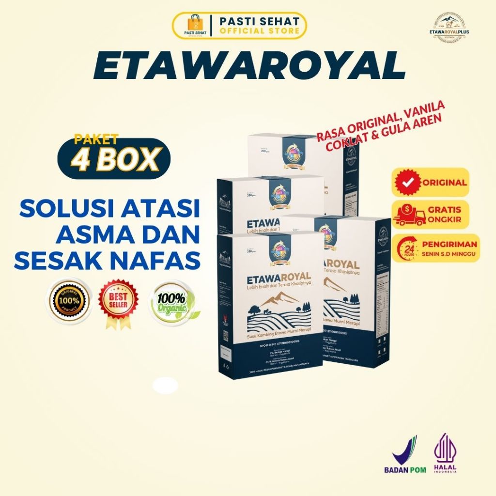

(Kemasan box) ETAWAROYAL Platinum Perubahan merk Etawaplus Platinum Asli - 4 Box Susu Kambing Etawa Premium - Untuk Therapi Nyeri Sendi, Pegal Linu, Keluhan Pernafasa, Asam Lambung, Paru - Paru dan Untuk Therapi Rematik Resmi BPOM dan Halal MUI