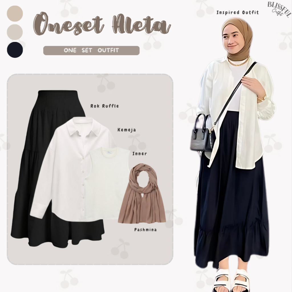 Aleta One Set Outfit Wanita + Kemeja putih + Inner + Rok Ruffle + Pashmina Ceruty + OOTD Hijab
