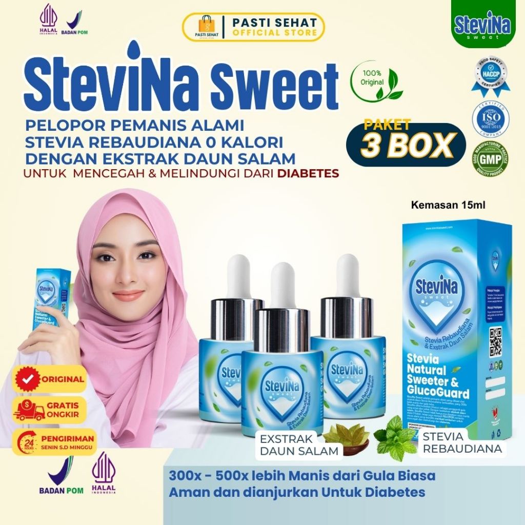 

(Kemasan box) Stevina Sweet Pemanis Stevia Alami 0 Kalori plus Herbal Daun salam Pengganti Gula untuk Penderita Hipertensi Kemasan 3 botol