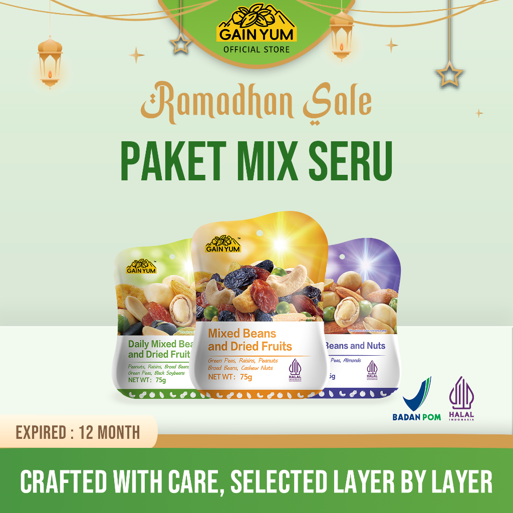 

[ PAKET MIX SERU ] Gain Yum - Bundling Mix Seru (1x Mixed Beans and Nuts 75G, 1x Daily Mixed Beans and Dried Fruits 75G, 1x Mixed Beans and Dried Fruits 75G)