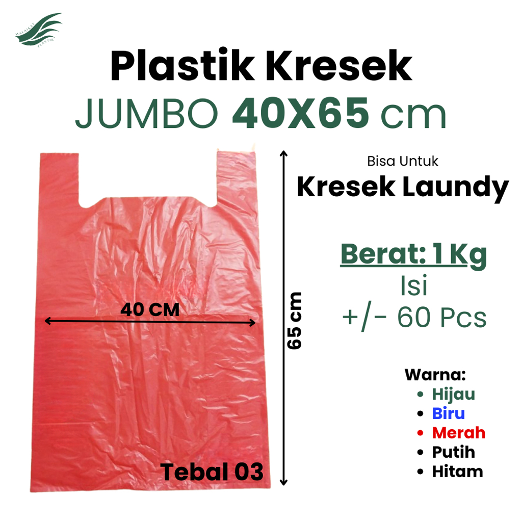 Kantong Kresek Jumbo 40x65 cm Tebal Warna Merah Biru Hijau Putih Hitam 1 kg - Kresek Uk 40 Murah