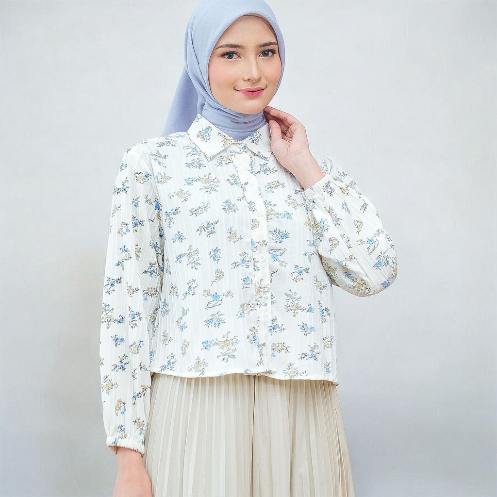 Atasan Fashion Korea Style Lengan Panjang Blus Wanita Musim Panas Casual Blouse Motif Bunga Bahan im