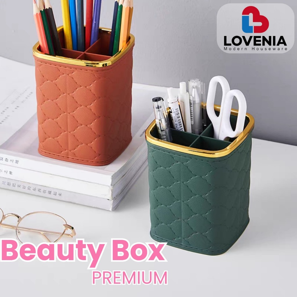 Lovenia Beauty Box / Tempat Kuas Makeup Premium PLASTIK Rak Kosmetik motif Kain sekat Tempat Pensil