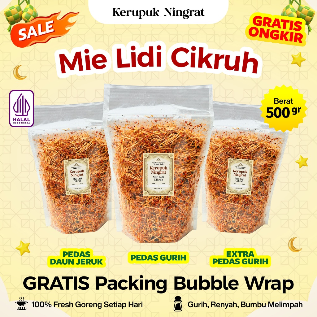 

Mie Lidi Cikruh 500gr Remukan Pedas Gurih & Pedas Daun Jeruk Halal Food Snack Camilan Crispy