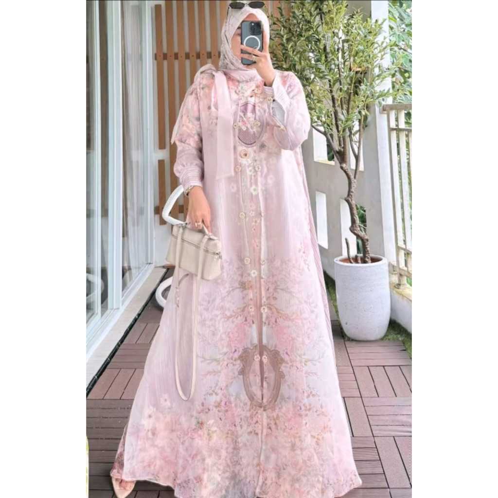 Gamis Sultan Set hijab Bahan Bridal Printing x Organza Motif Bunga