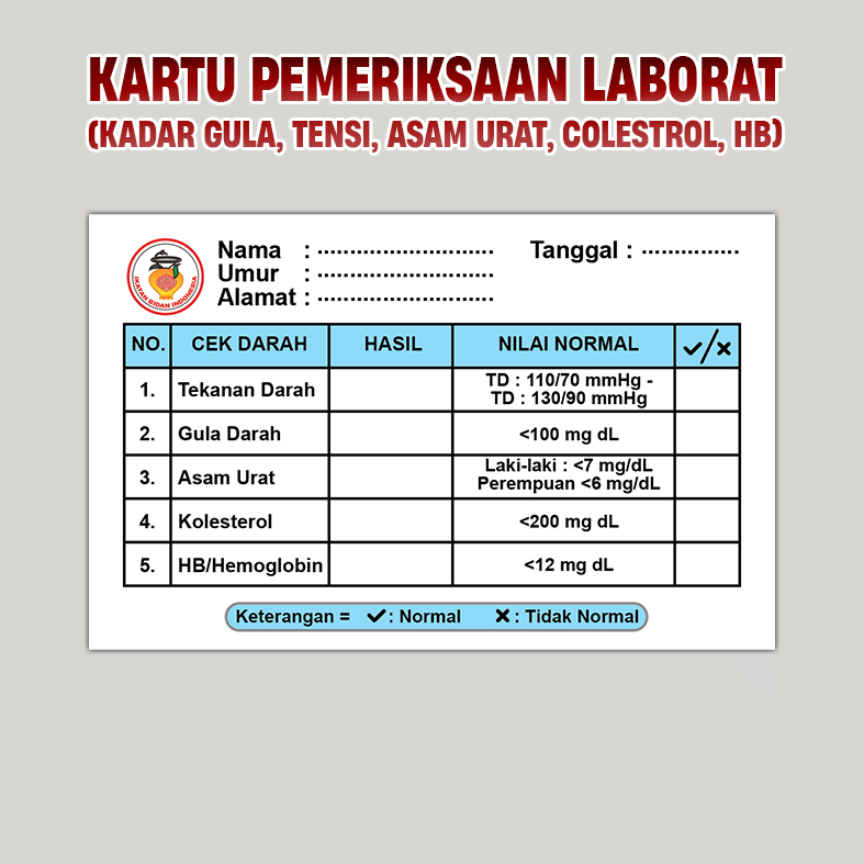 

00016 isi (100 pcs) Kartu Pemeriksaan Laborat (kadar gula, tensi, asam urat, colestrol, HB)