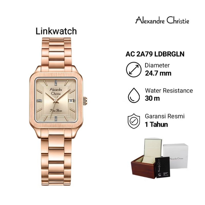 Alexander Christie AC 2A79 LDBRGLN Jam Tangan wanita Rantai Kotak Analog Original garansi resmi