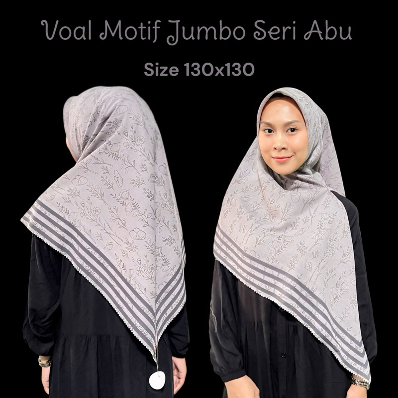 Segiempat Voal Motif Syar’i Seri Abu 130x130 (FREE POUCH) / Segiempat Motif Syari Abu / Hijab Motif 