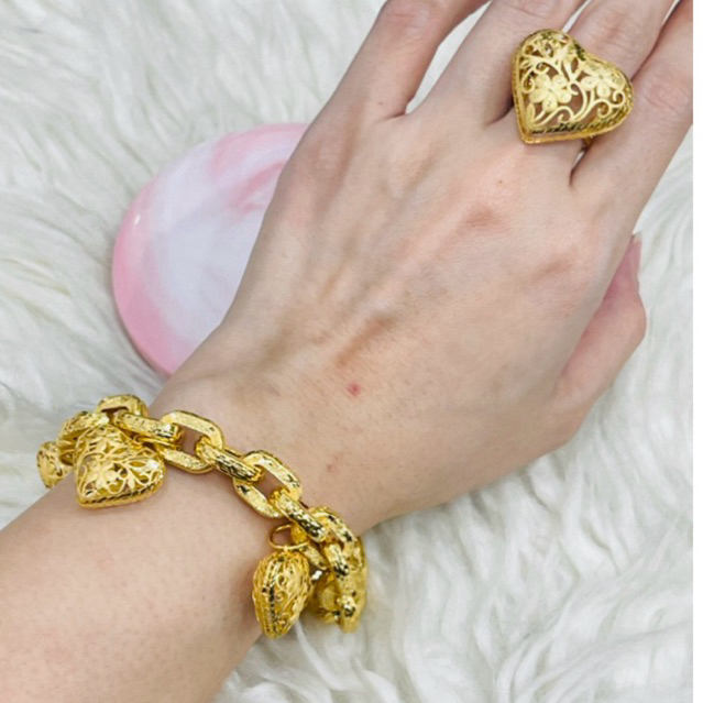 gelang plus cincin love kerawang mewah elegant emas asli kadar 700