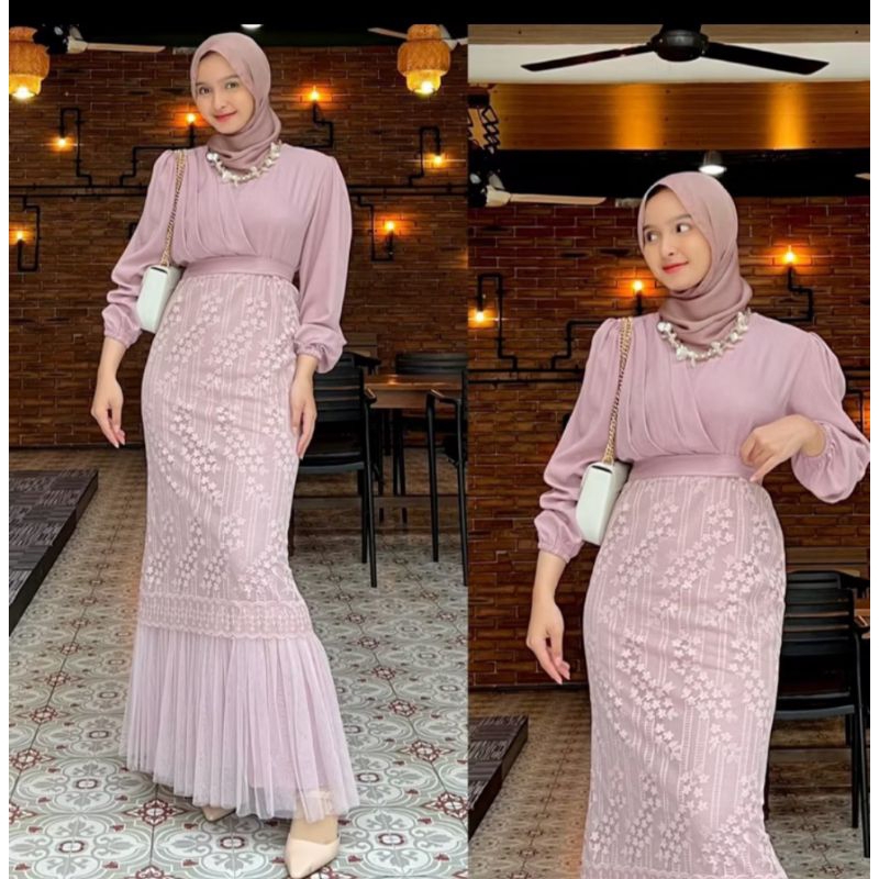 Baju gamis raya dress putih brokat brukat broklat tille tile lace embroi lebaran 2026 ied idul fitri