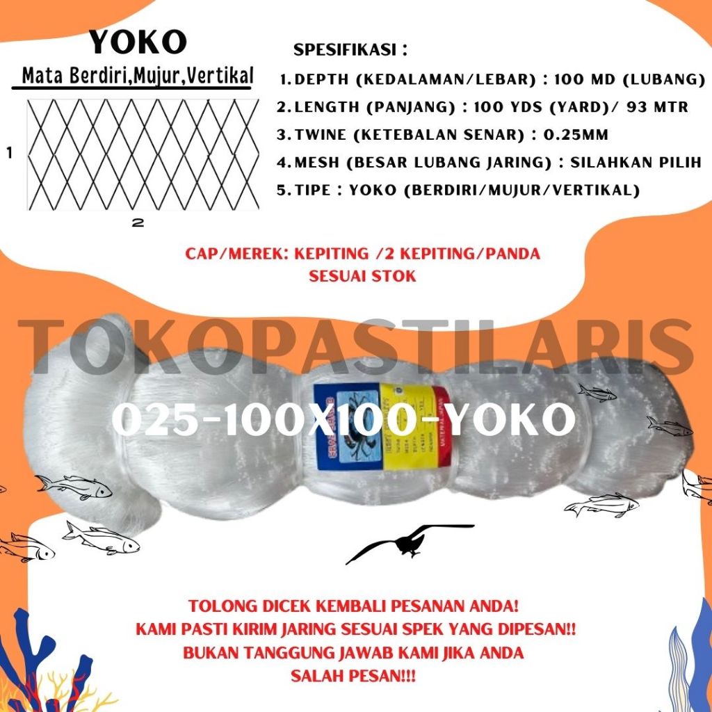 JARING SENAR 025 100X100 YOKO (MATA TEGAK)/JARING IKAN/ JARING KEPITING / JARING SENAR