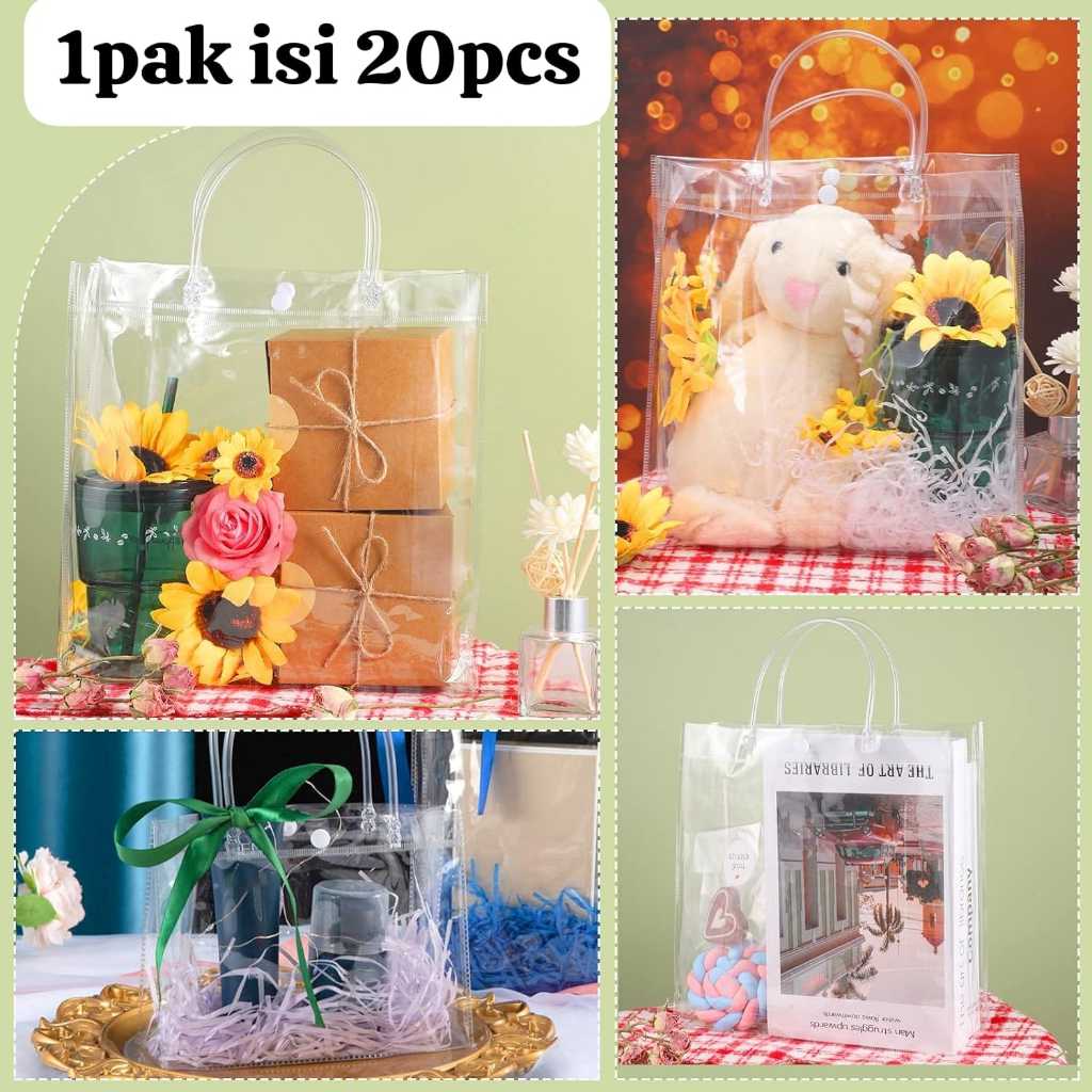 

Bellino - Grosir 20pcs Goodie Bag Bening PVC Cocok Untuk Bingkisan Ulang Tahun Hampers Bingkisan Lebaran Tote Bag Mika Transparan Tapak 26x15x30
