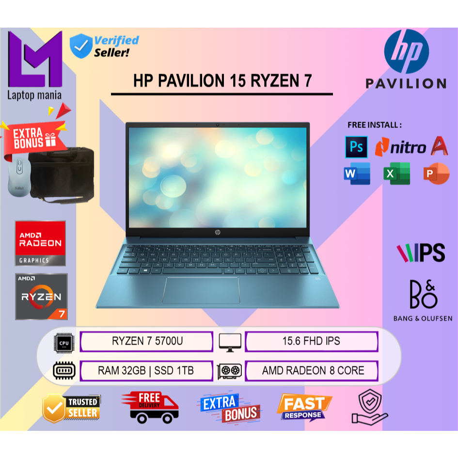 Laptop HP Pavilion 15 AMD Ryzen 7 5700U Ram 32GB 1TB SSD Win11 15.6 inch FHD IPS Baru
