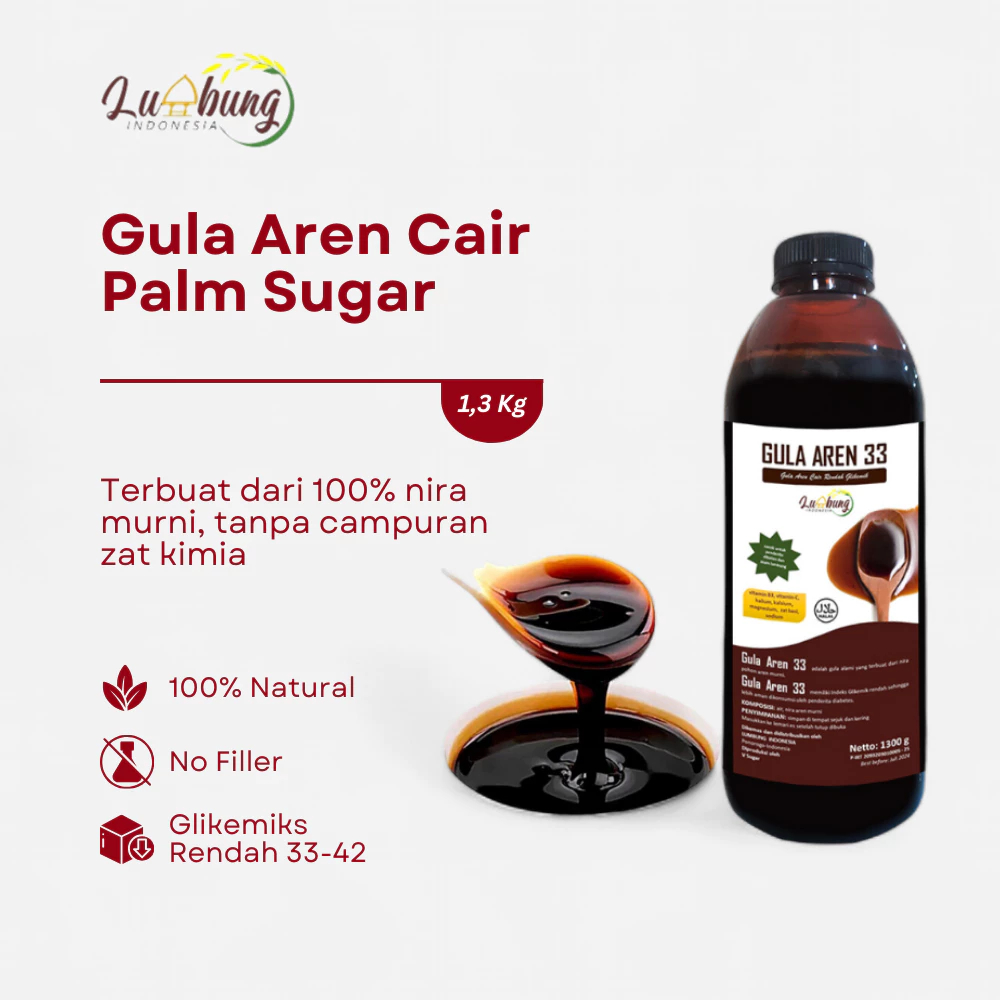 

Lumbung Indonesia Gula Aren 33 Cair 1,3 Kg - Premium Palm Sugar Asli Organik, Siap Saji