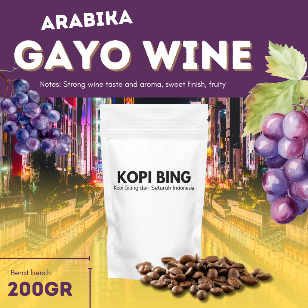 

Kopi Bing Arabika Aceh Gayo Wine. Kopi Anggur. Kopi Bubuk Premium 200 gr