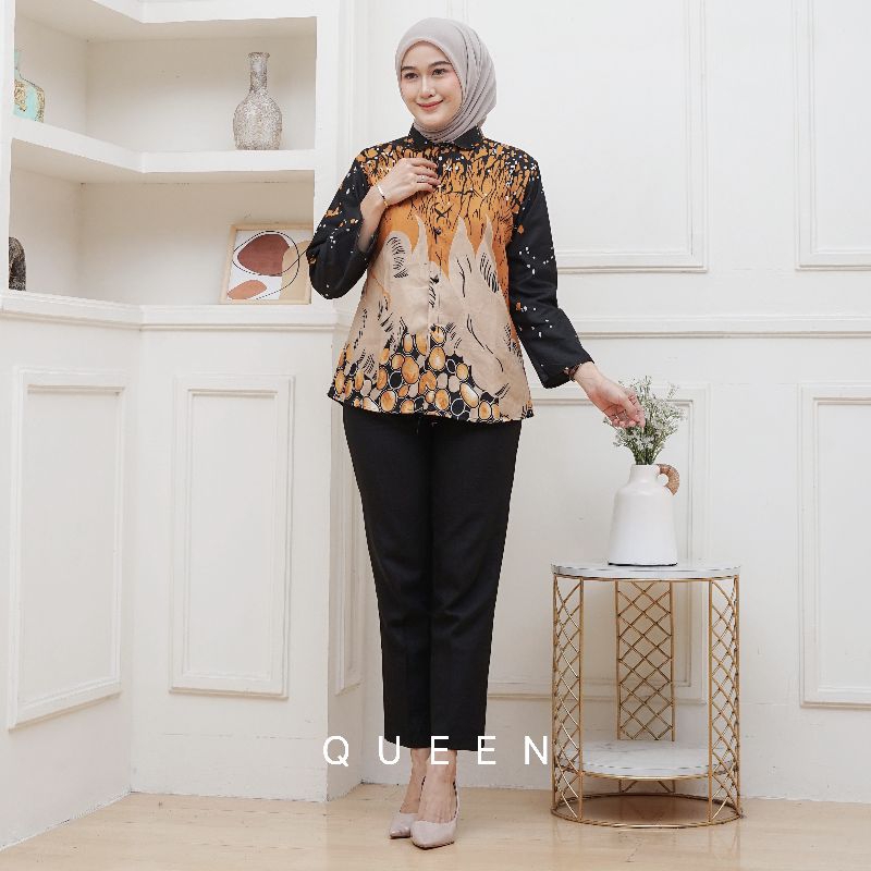 ATASAN BLUS BATIK WANITA JUMBO LD125CM. LENGAN PANJANG BERKERAH FULL KANCING.BATIK KANTOR.BATIK KERJ