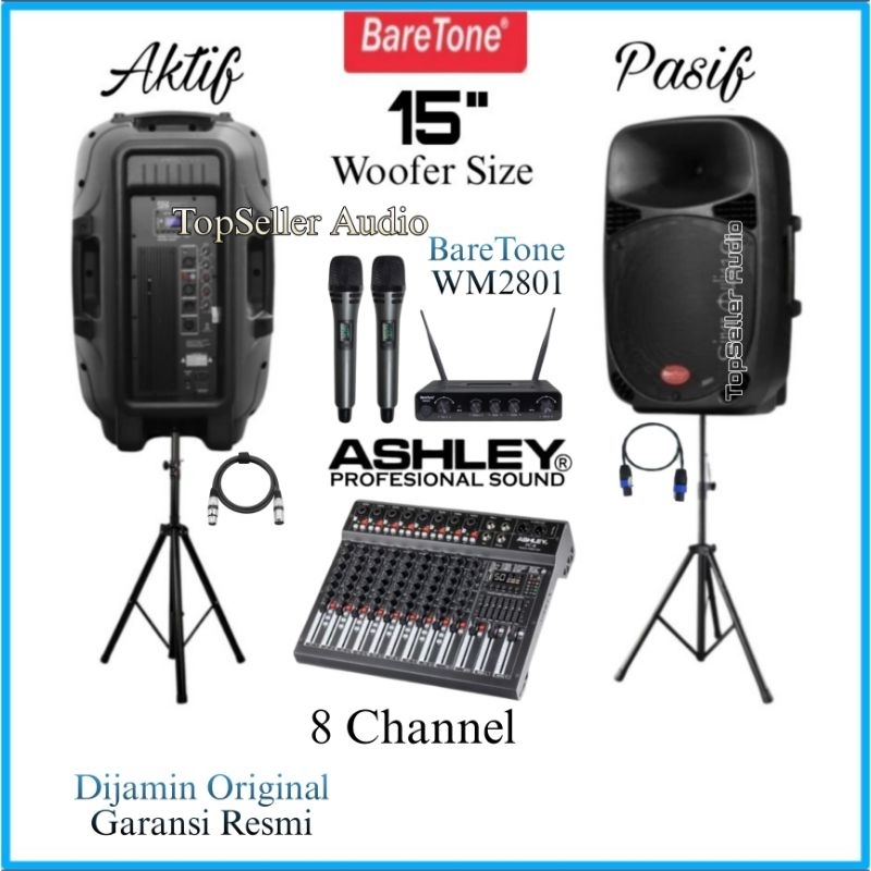 Paket sound System Speaker BareTone 15 Inch [ Aktif & Pasif ] Mixer Ashley 8 Channel Mic Wireless 2 
