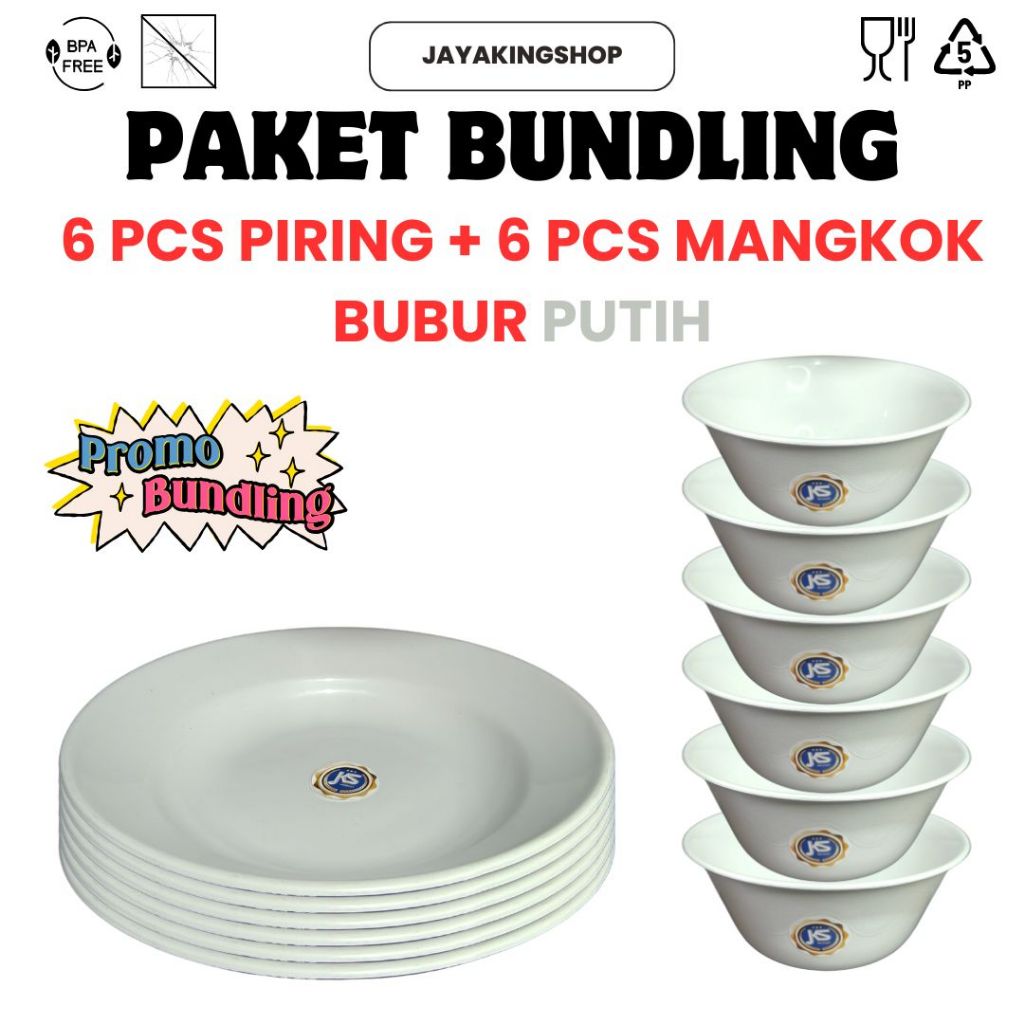 PAKET BUNDLING ISI 12 PCS (1 LUSIN) 6 PCS PIRING PLASTIK JKS PUTIH+ 6 PCS MANGKOK  BUBUR PUTIH