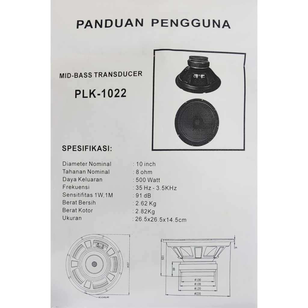 SPEAKER KARAOKE WOOFER PASLINE DOBEL MAGNET 10 INCH PLK-1022 / PLK1022 model BMB – ORIGINAL