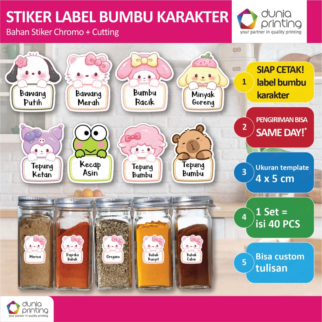 Stiker Label Bumbu Karakter Sanrio | Stiker Bumbu Minimalis ukuran 4 x 5 cm