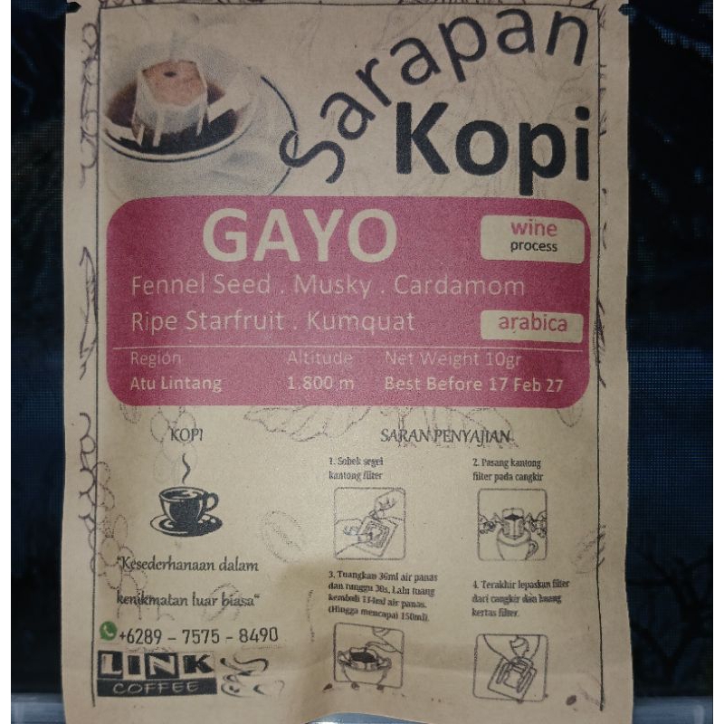 

[Sarapan Kopi] Coffee Drip Bag - ARABICA GAYO ATU LINTANG (WINE PROCESS)