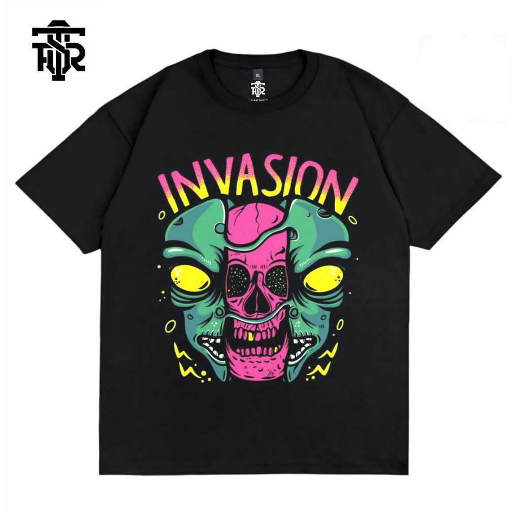 Tshirt Baju Kaos Distro Pria Wanita Streetwear Cotton Combed 24s Invasion Black Tees Firasat Merch
