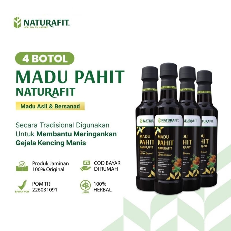 

Madu Pahit Naturafit 330ml Paket 4 Botol - Madu Hitam Pahit Naturafit Plus Daun Insulin Atasi Masalah Diabetes - Madu Hitam Pahit Asli
