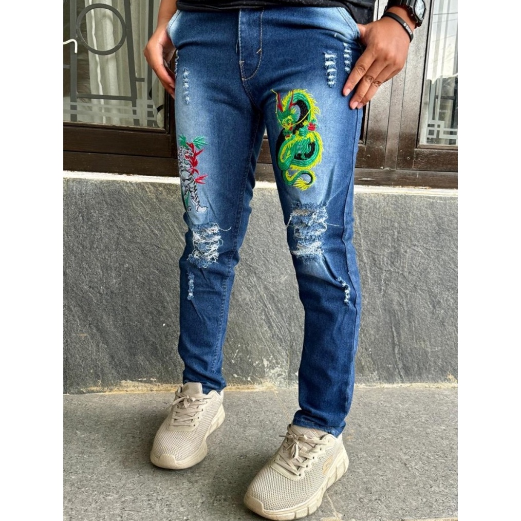 KODE F35J Celana Panjang Jeans Denim Pria Slim fit Bordir Naga dan Harimau Original