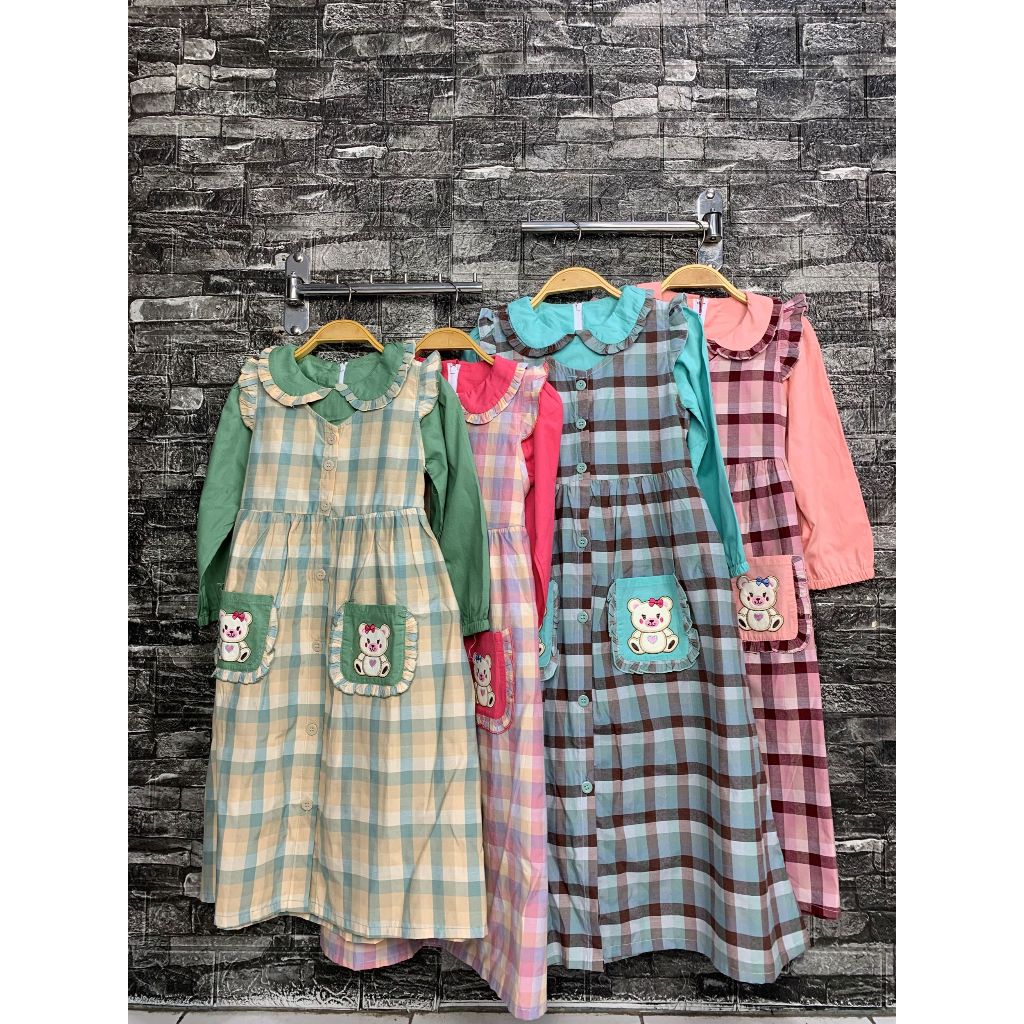 Nikita - 1941 Gamis Overall Anak 3 - 10 Tahun Motif Kotak-Kotak Kantung bordir