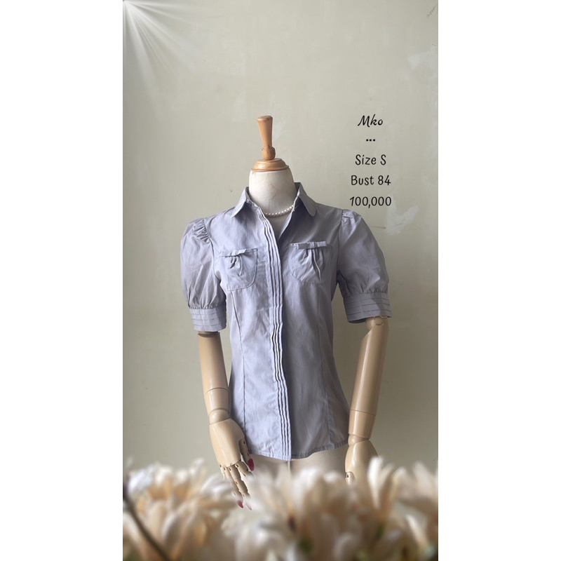 Kemeja blouse atasan top katun kerah lengan puffy sleeve balon silver abu grey premium Mko original 