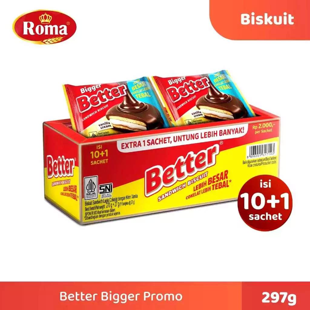 

Roma Better Bigger Sandwich Biscuit Vanilla Cream ( Isi 10 Bks x 27g )