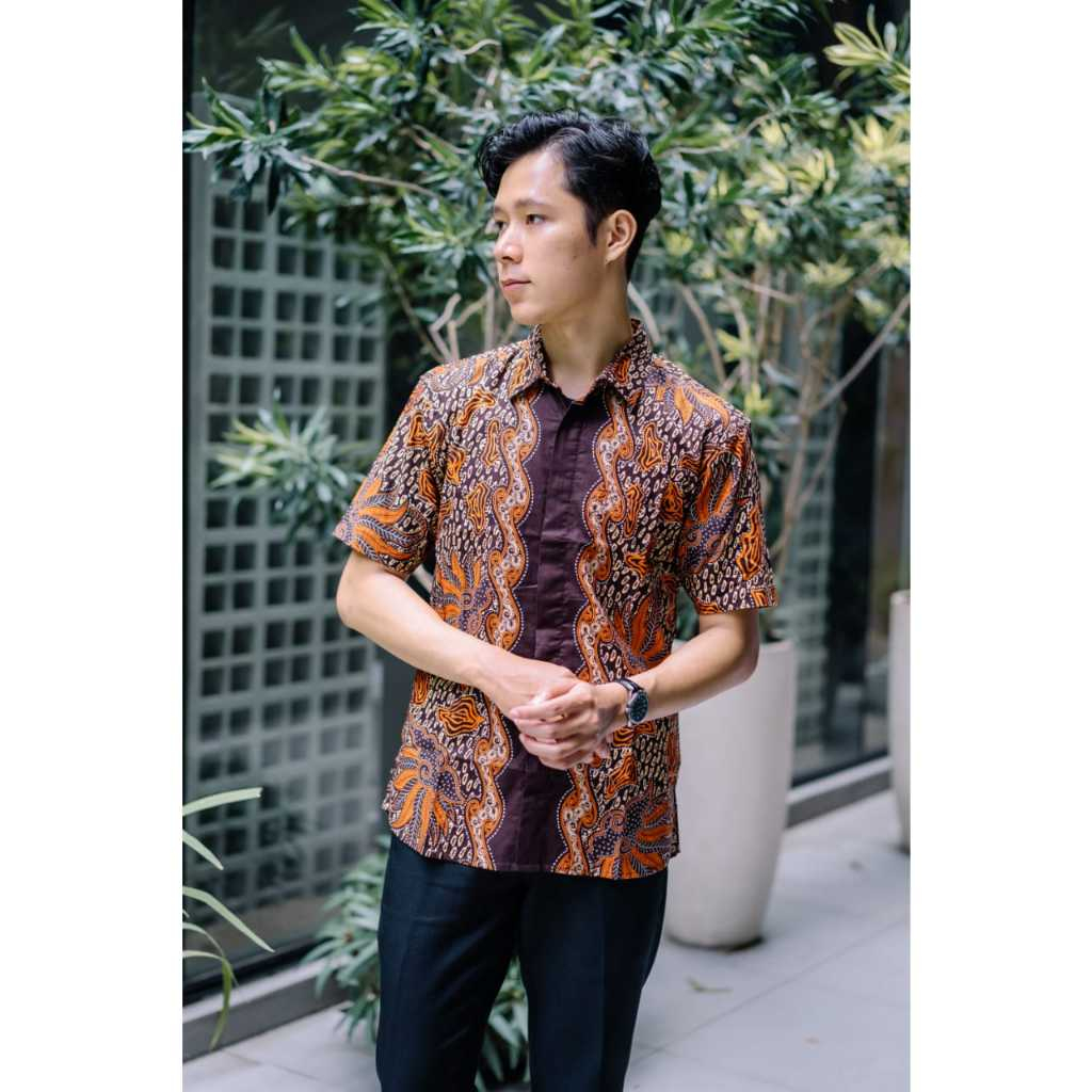 KARUNIA - Baju Kemeja Batik Pria Atasan Formal Cowok Slim Fit Premium Poliester Mix Katun  - Neynar 