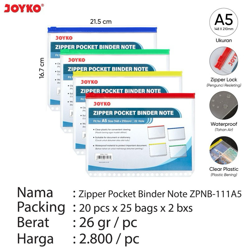 

JOYKO Zipper Pocket Binder Note A5 - 22 hole / Pvc Transparent Punch Zip Stationery Storage Bag and Loose Leaf ZPNB-111A5