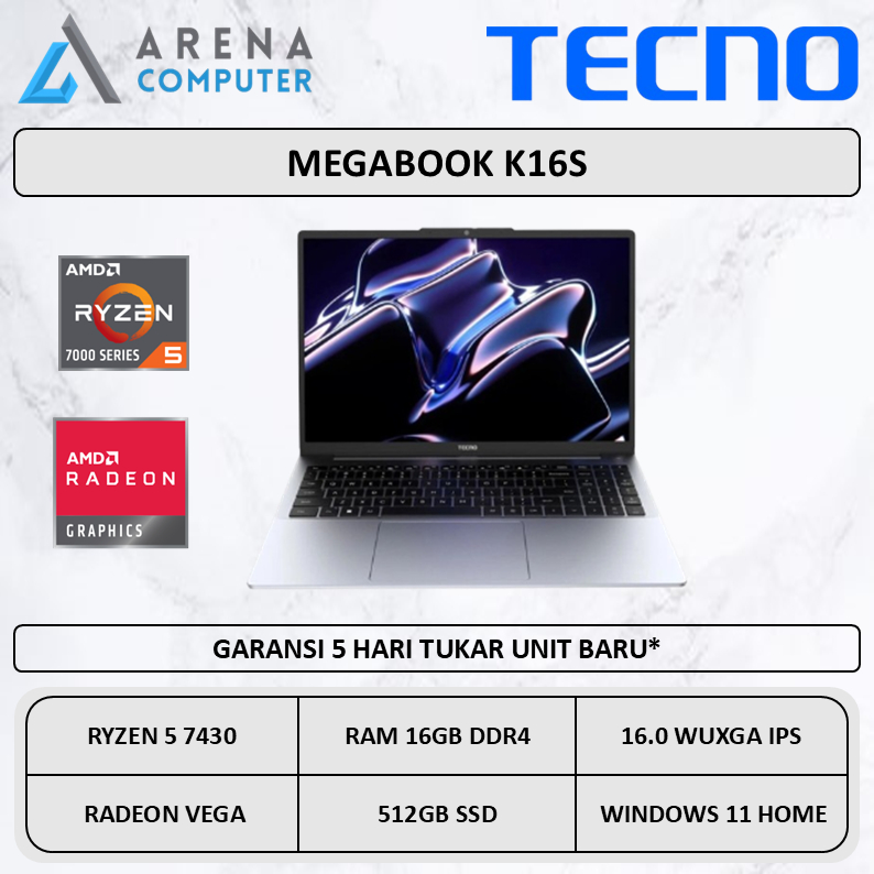 Tecno Megabook K16S Ryzen 5 7430 16GB 512GB W11 16.0 WUXGA IPS