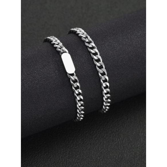 2pcs gelang rantai sisik titanium plat tengah kecil dan polos silver anti karat / gelang tangan pria