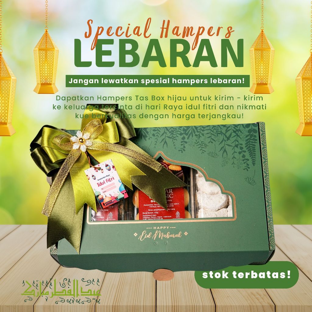 

Happy Eid Mubarak HAMPERS Box Hijau Isi Nastar Classic, Almond Milk dan Putri Salju toples 350gr