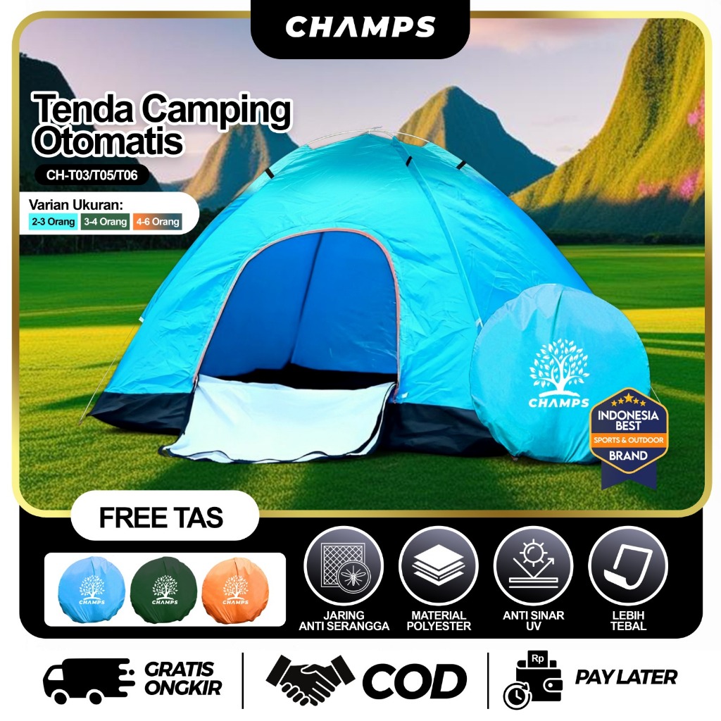 CHAMPS Tenda Camping Otomatis 4–6 Orang – Tenda Dome Camo untuk Gunung & Outdoor