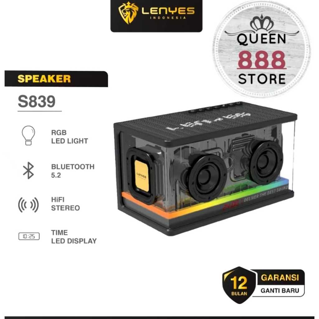 SPEAKER LENYES S839 BLUETOOTH TRANSPARAN RGB TWS V5.2 80WATT POWERFULL BASS HIFI STEREO LENYES S839