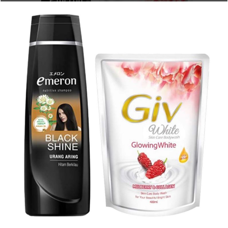 Paket Emeron Sampo Hitam Berkilau Urang Aring Botol 170 ml & Giv White Collection Sabun Mandi Cair S
