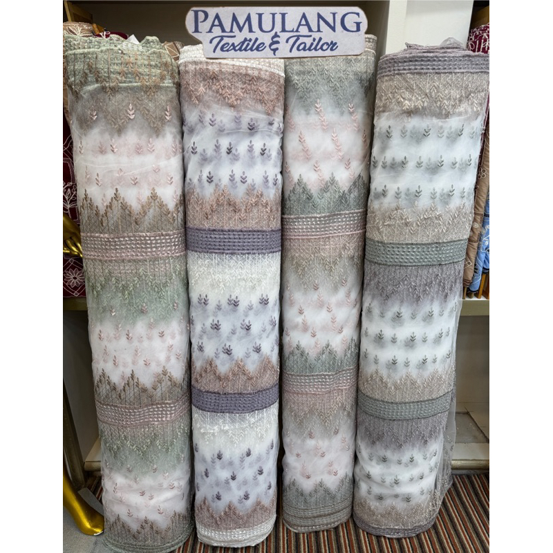 Kain Tille Premium Putih Bordir  Warna Motif Etnik Flores || Harga Per Setengah Meter (50 cm)