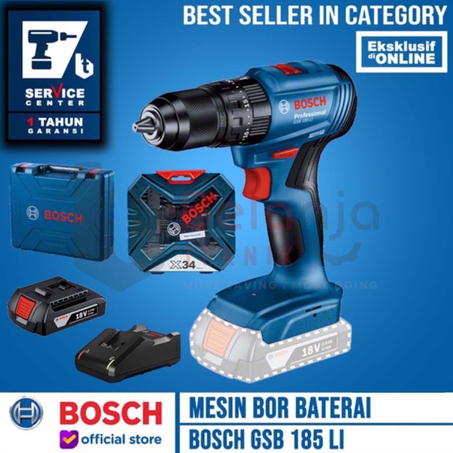 Bosch Bor Tembok Baterai Cordless GSB 185 LI 18V + Mata X-line 34 Pcs