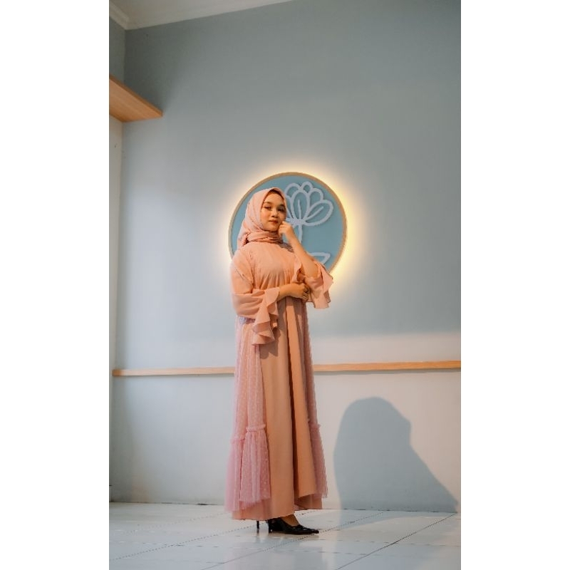 Pink Bloom Abaya Dress Wanita Pastel Gamis Pastel Airflow Crinkle