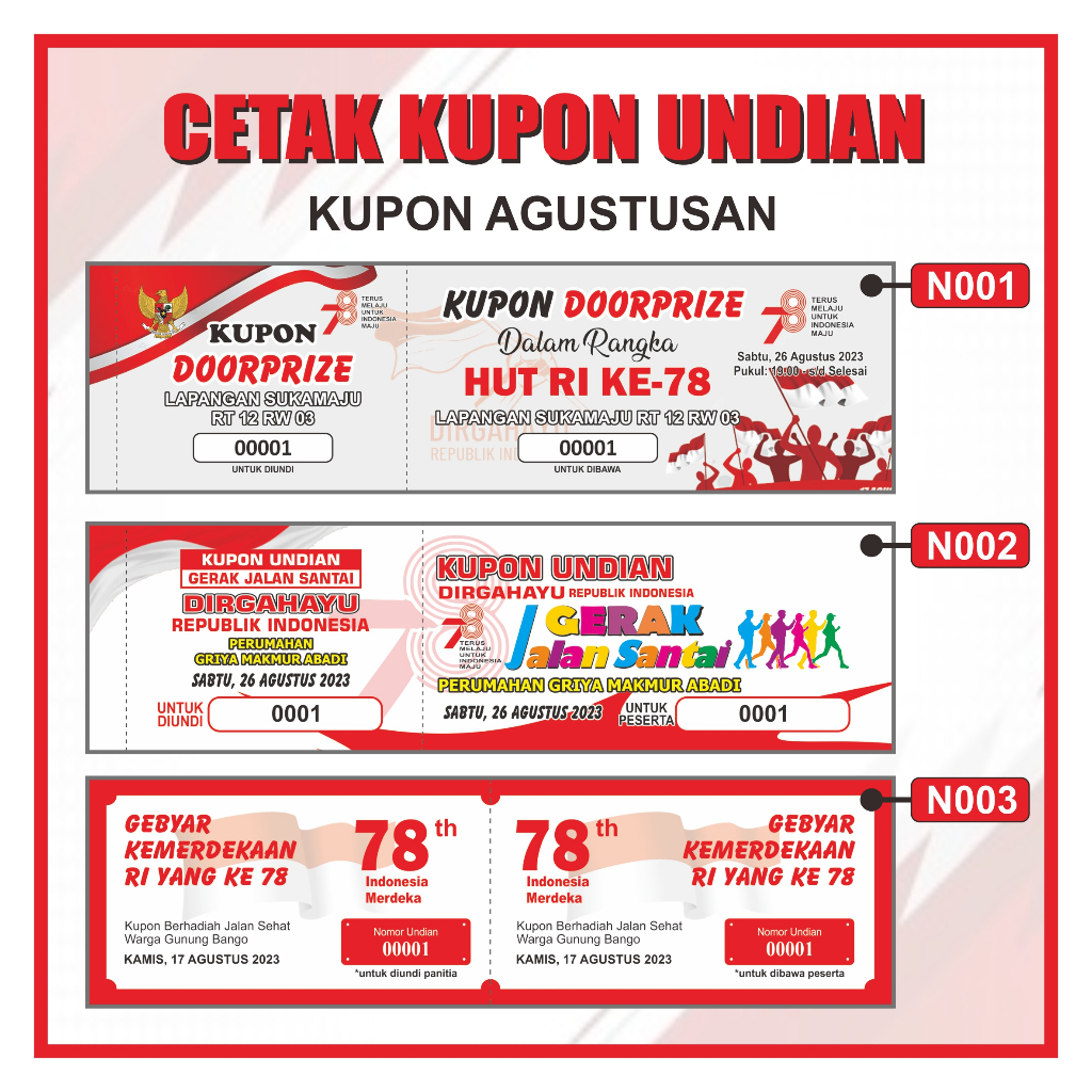 

Cetak Kupon Undian Custom Jalan Santai Agustus Kemerdekaan Karcis Parkir Kupon Hadiah nabilagrafika