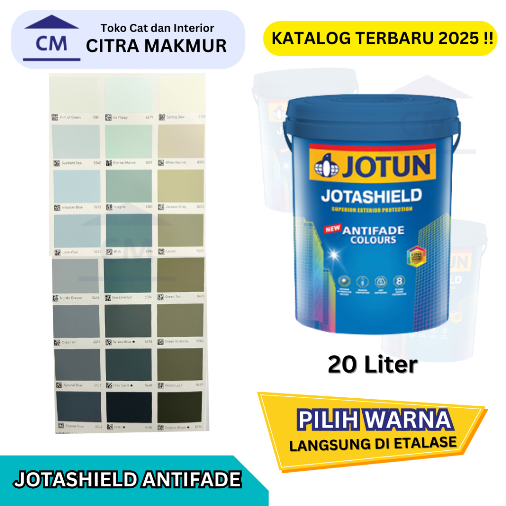 Jotun Jotashield ANTIFADE COLOURS (Katalog Warna HIJAU SAGE, HIJAU AKSEN, BIRU AKSEN) KEMASAN 20 Ltr
